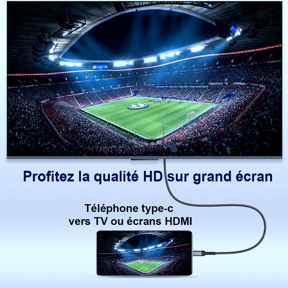 Câble USB C ou Type-c vers HDMI 4K Ultra HD 2 mètres, en Nylon tressé de qualité.